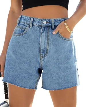 Goranbon Women's High Waisted Jean Shorts Straight Leg Raw Hem Retro Denim Shorts Summer Hot Pants with Pockets