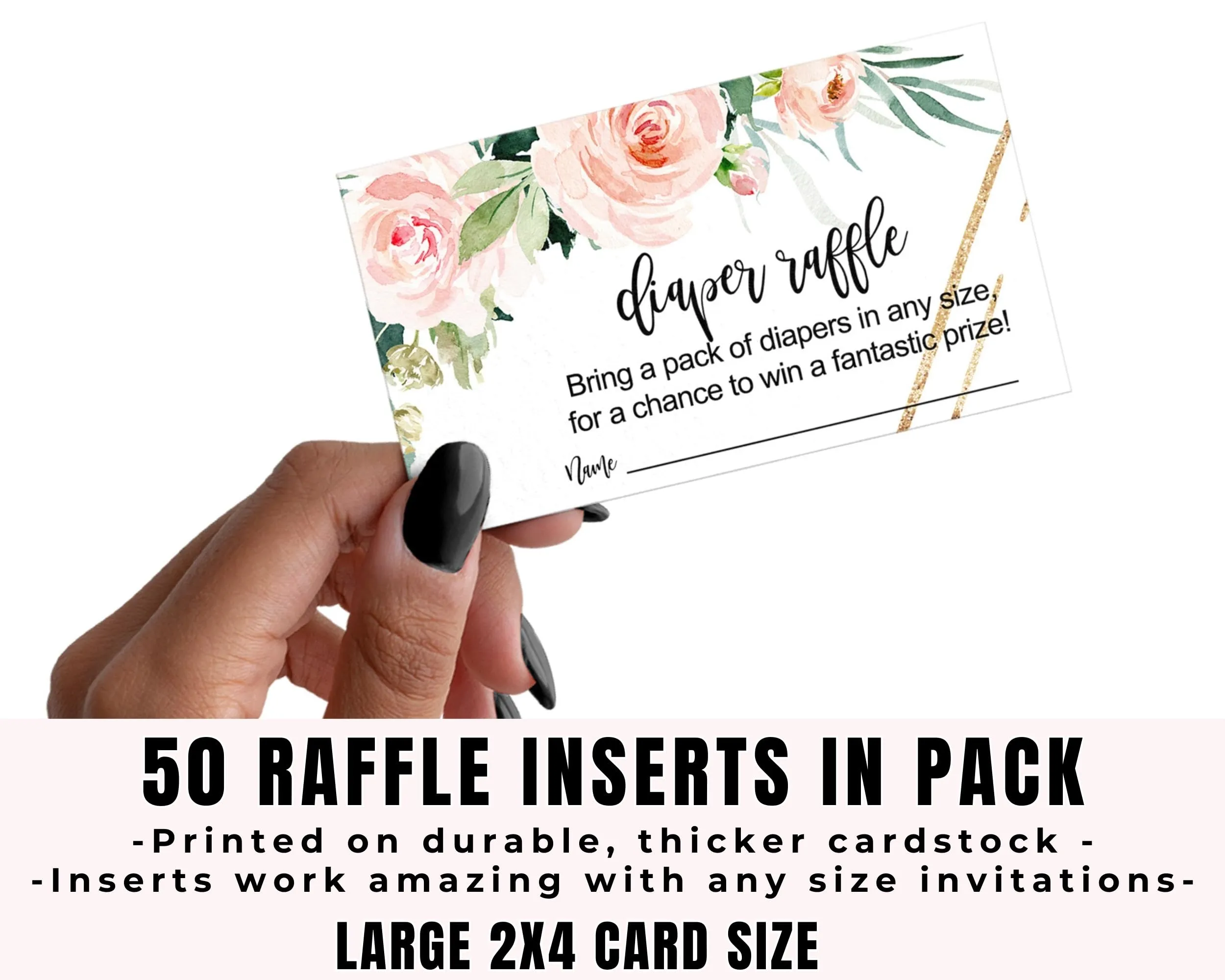Graceful Floral Diaper Raffle Tickets - Baby Shower Game Inserts by Paper Clever Party, 50 Pack