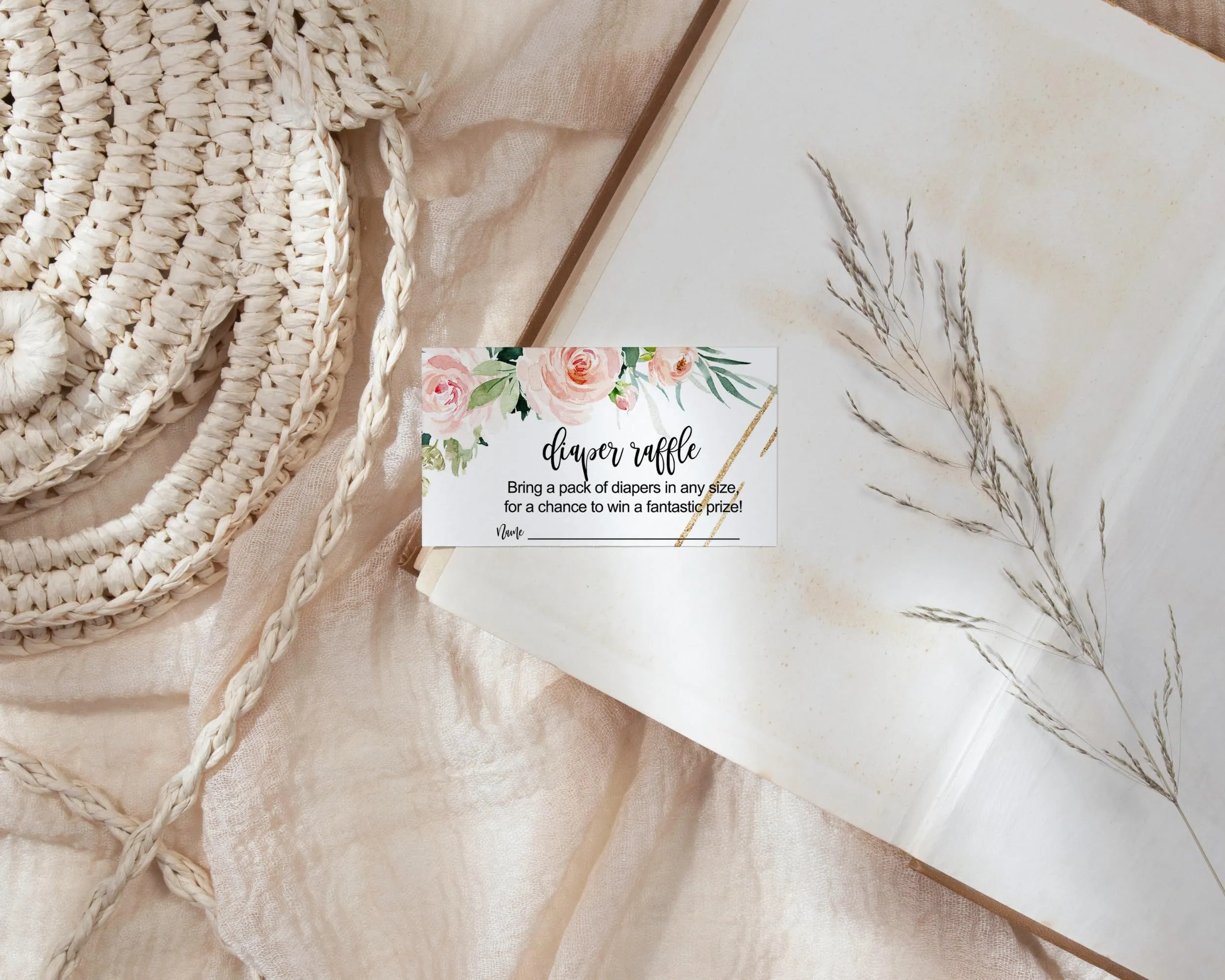 Graceful Floral Diaper Raffle Tickets - Baby Shower Game Inserts by Paper Clever Party, 50 Pack