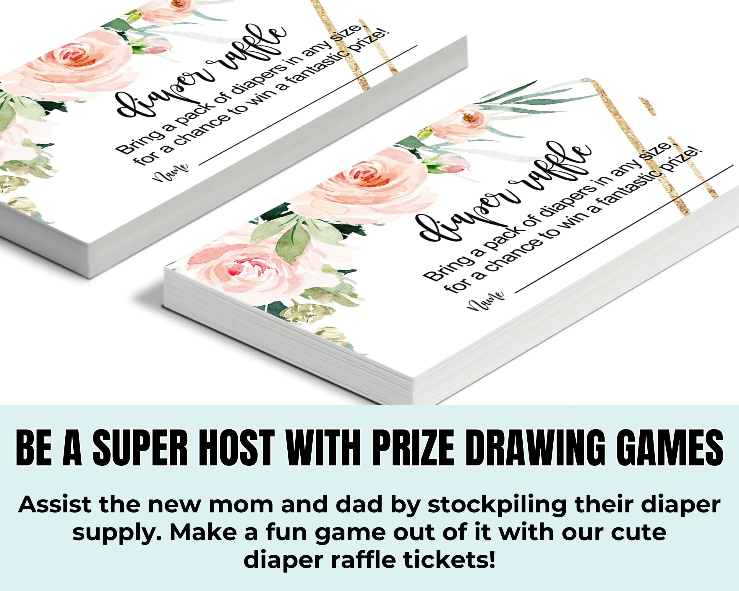 Graceful Floral Diaper Raffle Tickets - Baby Shower Game Inserts by Paper Clever Party, 50 Pack