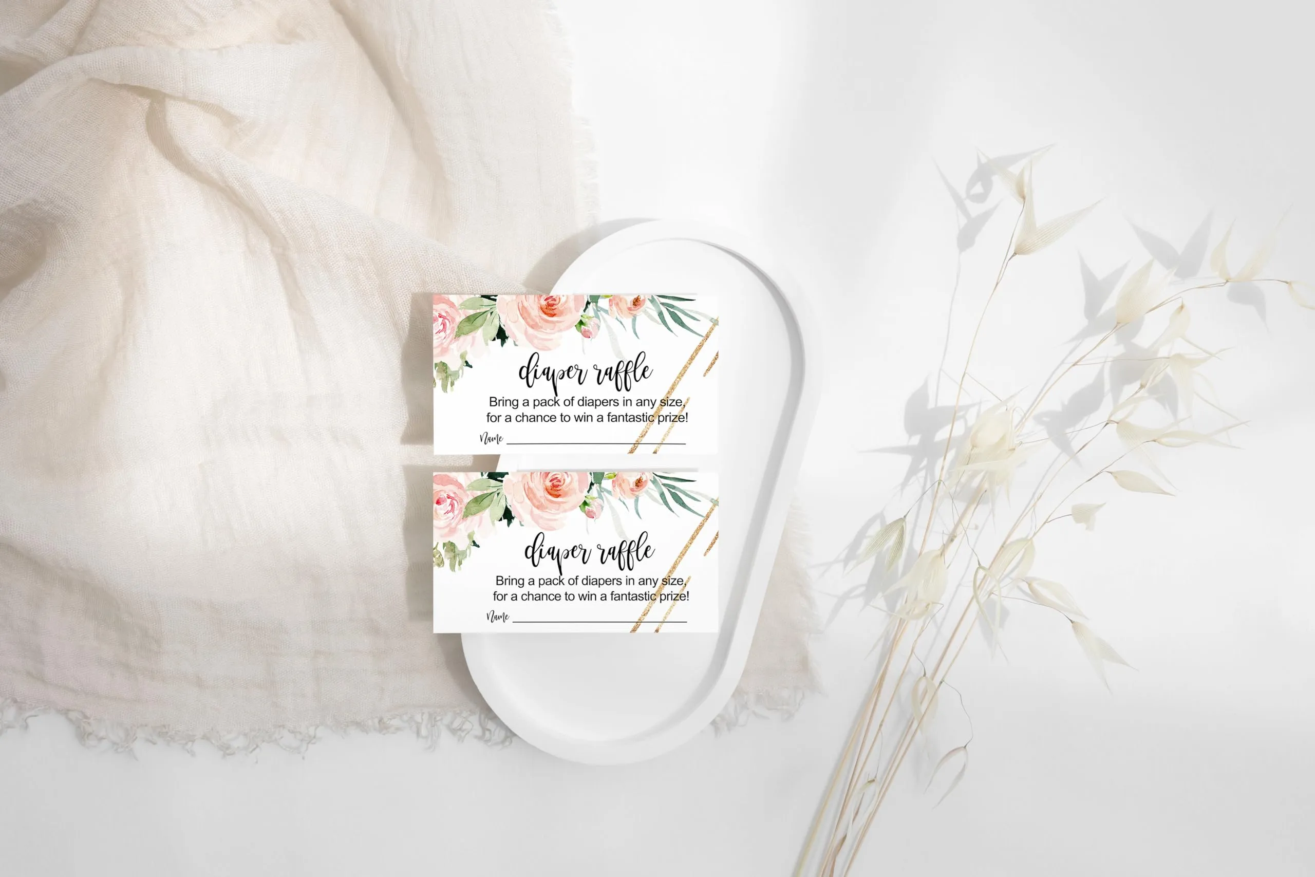 Graceful Floral Diaper Raffle Tickets - Baby Shower Game Inserts by Paper Clever Party, 50 Pack