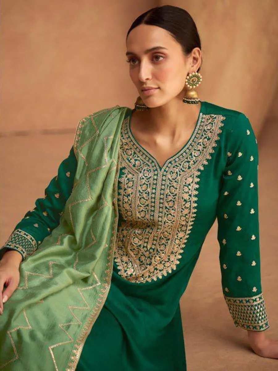 Green Premium Silk Embroidery Anarkali With Dupatta Set