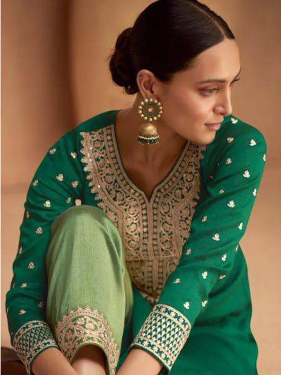 Green Premium Silk Embroidery Anarkali With Dupatta Set