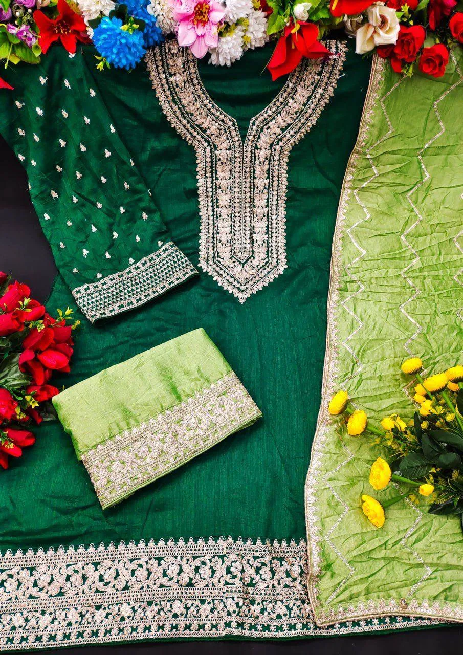 Green Premium Silk Embroidery Anarkali With Dupatta Set