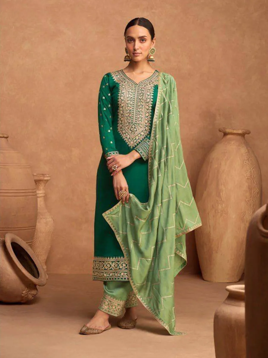 Green Premium Silk Embroidery Anarkali With Dupatta Set