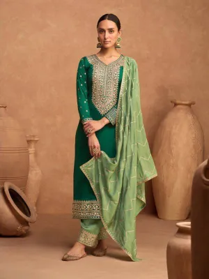 Green Premium Silk Embroidery Anarkali With Dupatta Set