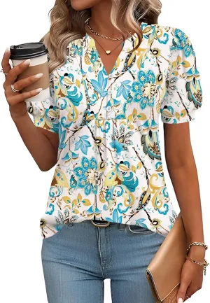 IECCP Womens Tops Puff Short Sleeve Shirts Dressy Casual Henley V-Neck Summer Tops Pleated T-Shirts Loose Fit Tunic Blouses