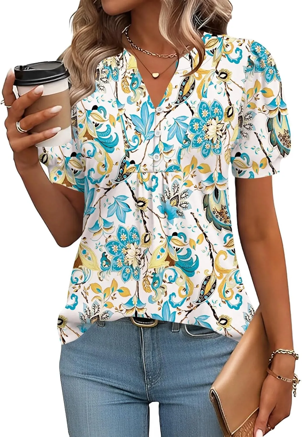 IECCP Womens Tops Puff Short Sleeve Shirts Dressy Casual Henley V-Neck Summer Tops Pleated T-Shirts Loose Fit Tunic Blouses