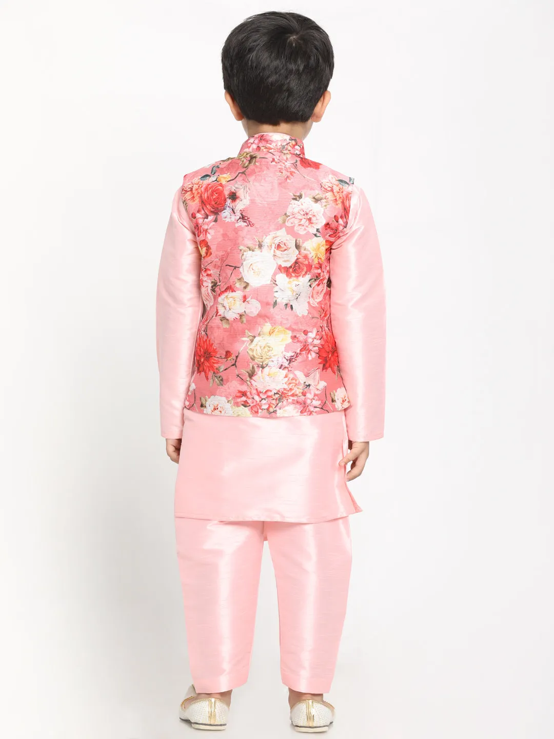 Jashvi Boy's Pink Asymmetric Kurta With Floral Printed Jacket And Pyjama Set