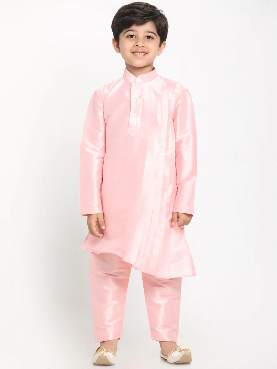 Jashvi Boy's Pink Asymmetric Kurta With Floral Printed Jacket And Pyjama Set