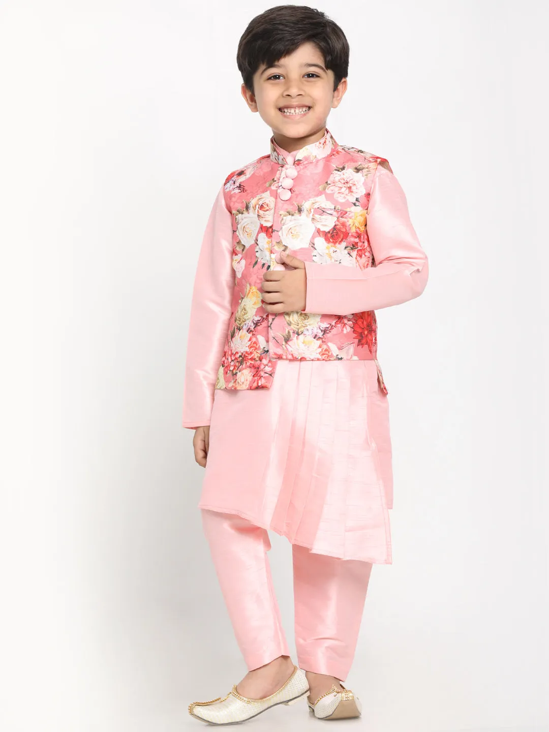 Jashvi Boy's Pink Asymmetric Kurta With Floral Printed Jacket And Pyjama Set