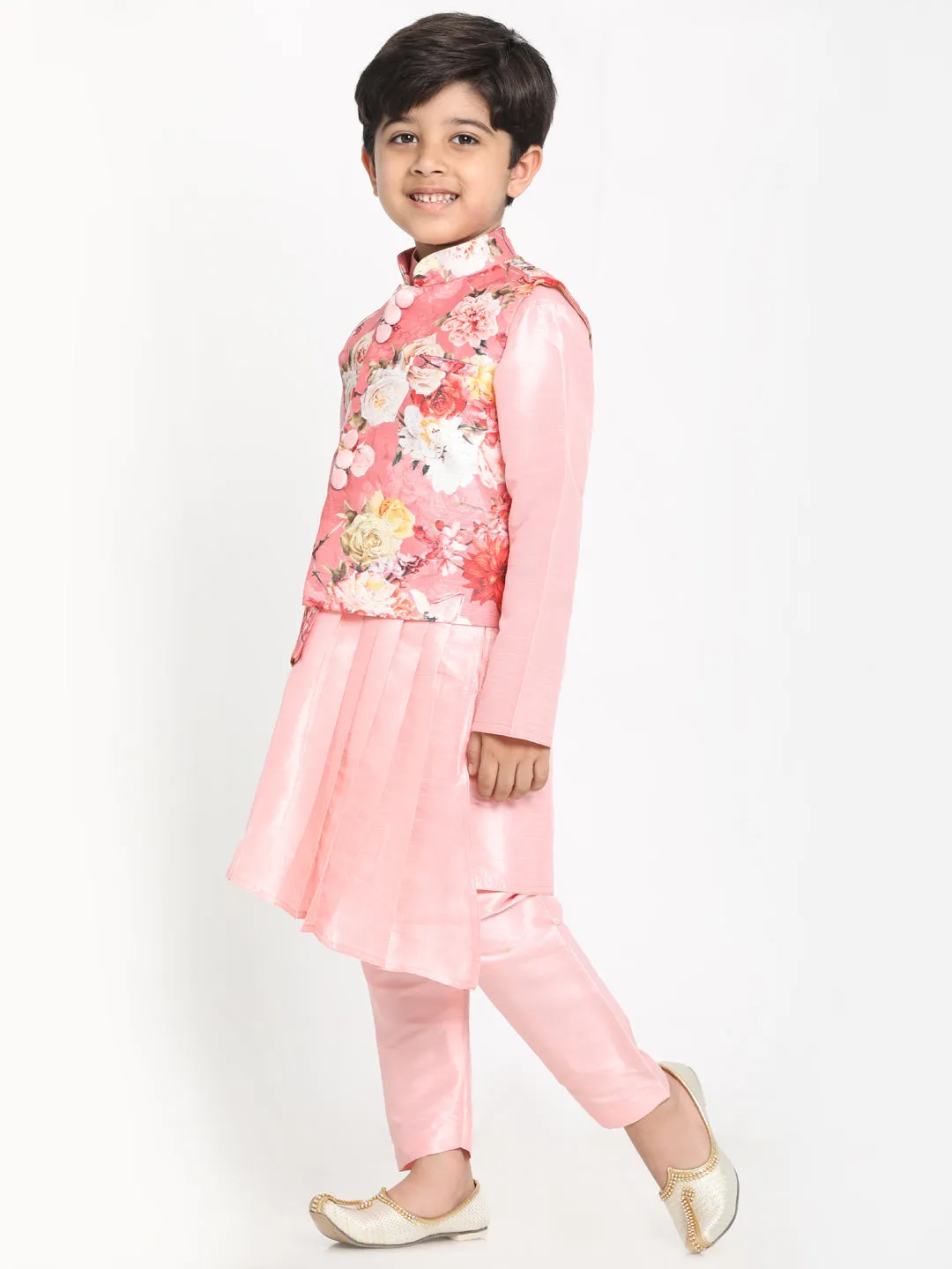 Jashvi Boy's Pink Asymmetric Kurta With Floral Printed Jacket And Pyjama Set