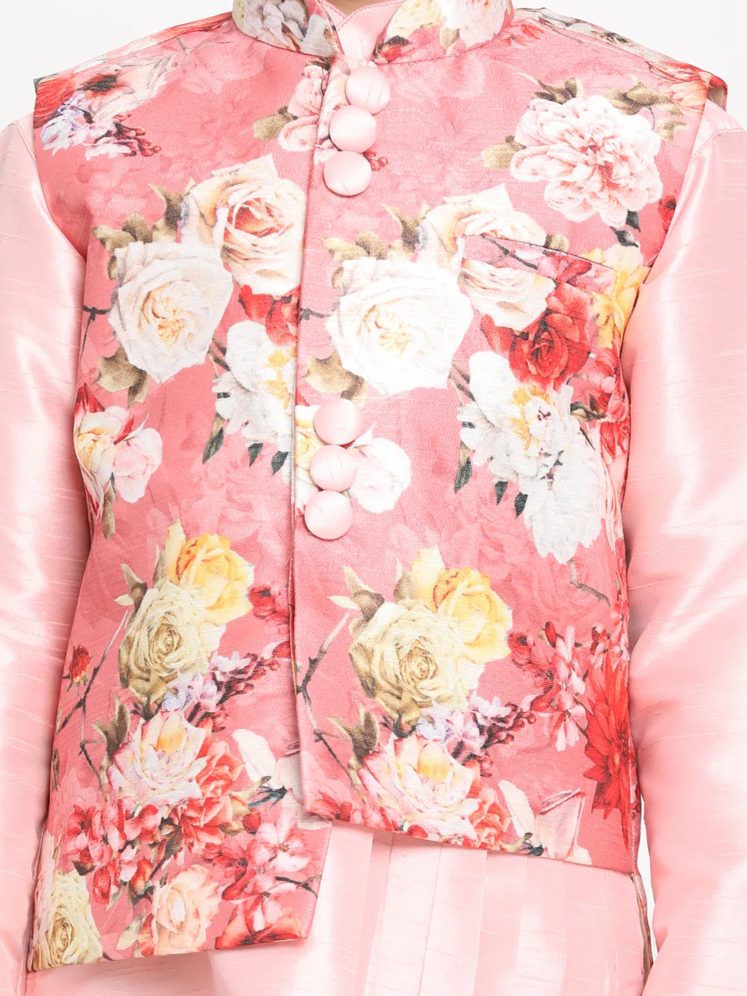 Jashvi Boy's Pink Asymmetric Kurta With Floral Printed Jacket And Pyjama Set