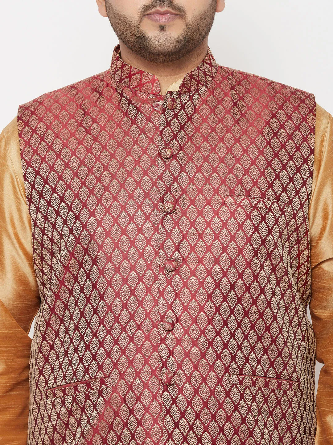 Jashvi PLUS Men's Maroon Nehru Jacket With Rose Gold Kurta And Dhoti Set