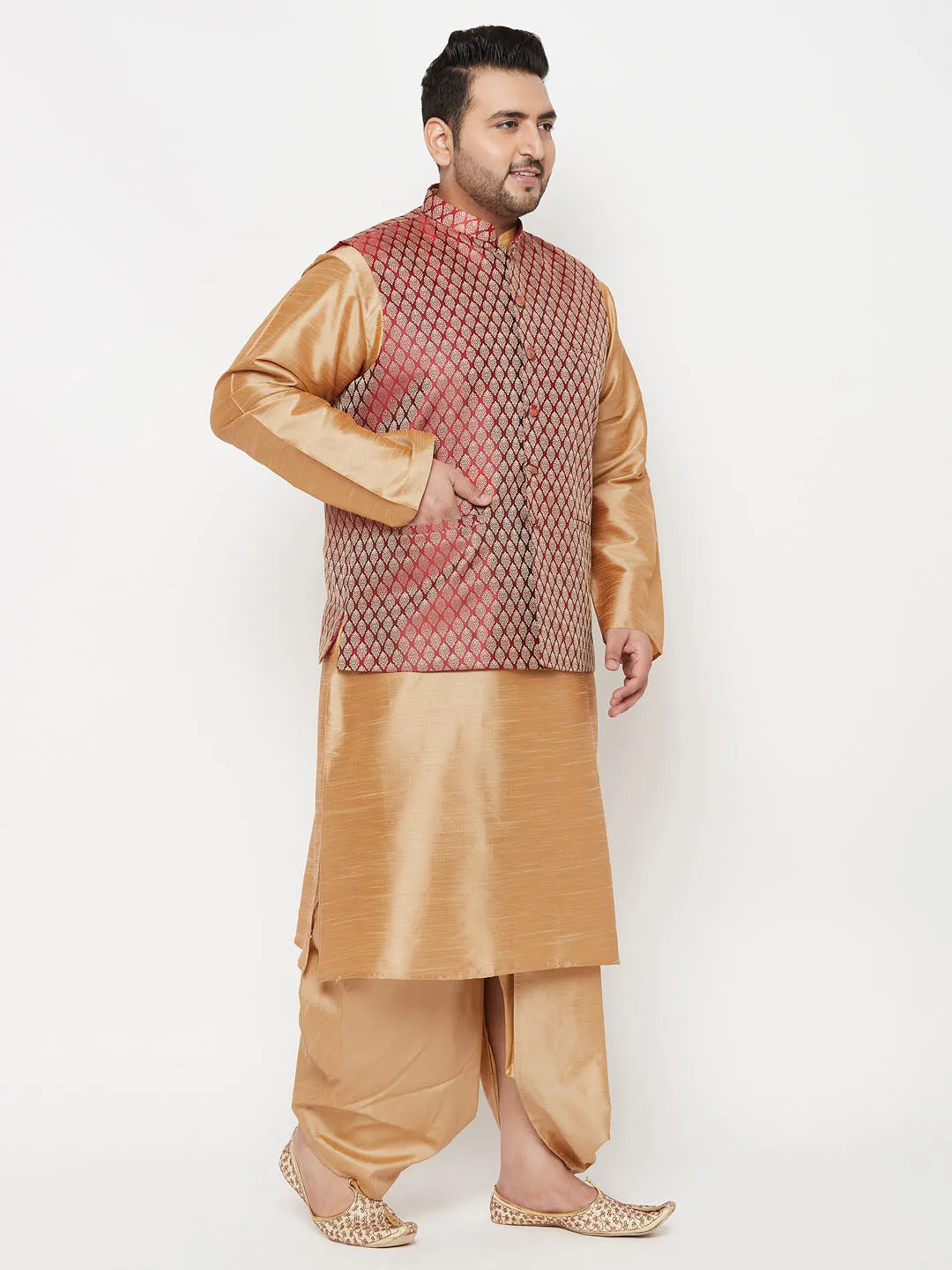 Jashvi PLUS Men's Maroon Nehru Jacket With Rose Gold Kurta And Dhoti Set