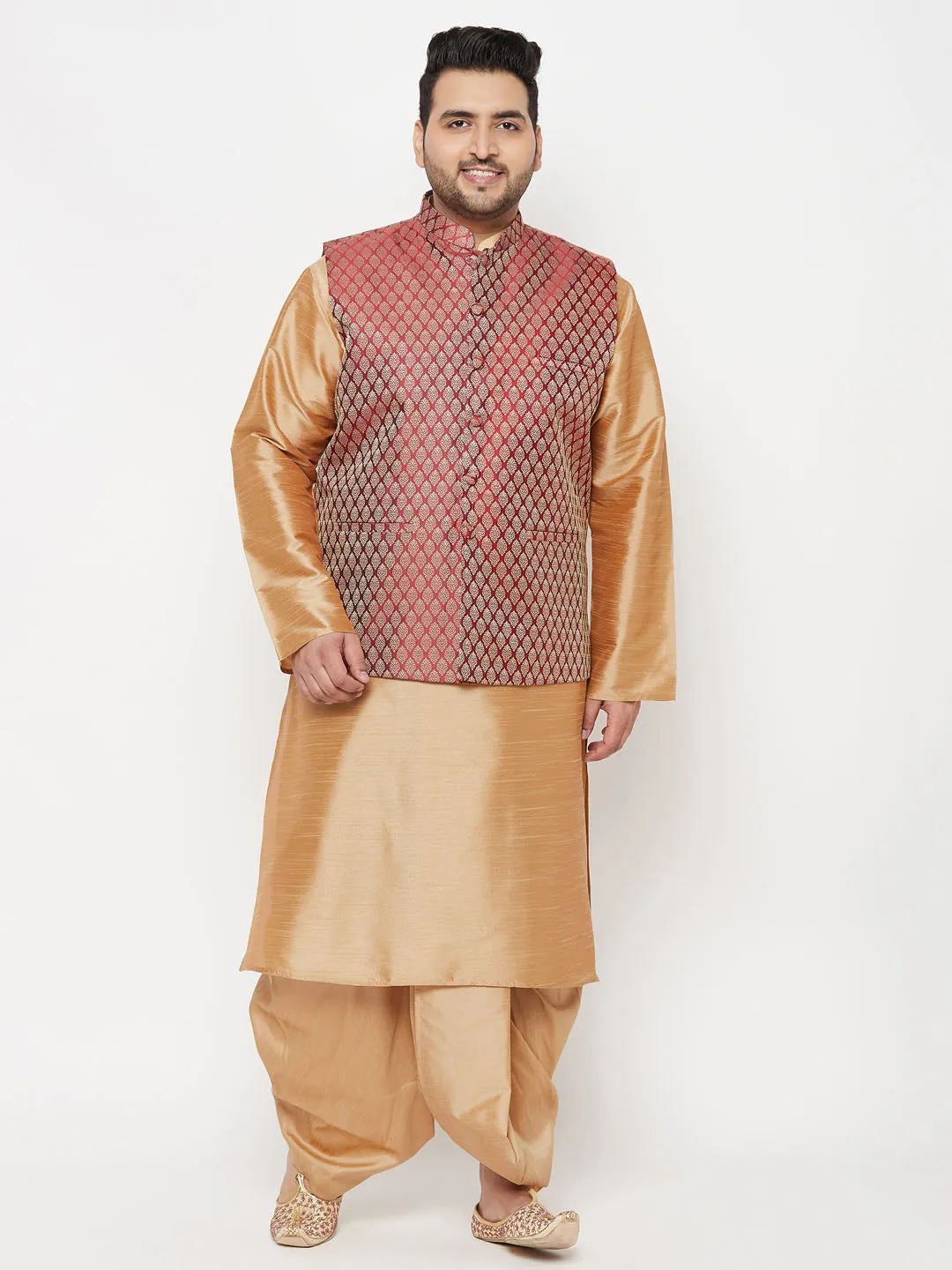 Jashvi PLUS Men's Maroon Nehru Jacket With Rose Gold Kurta And Dhoti Set