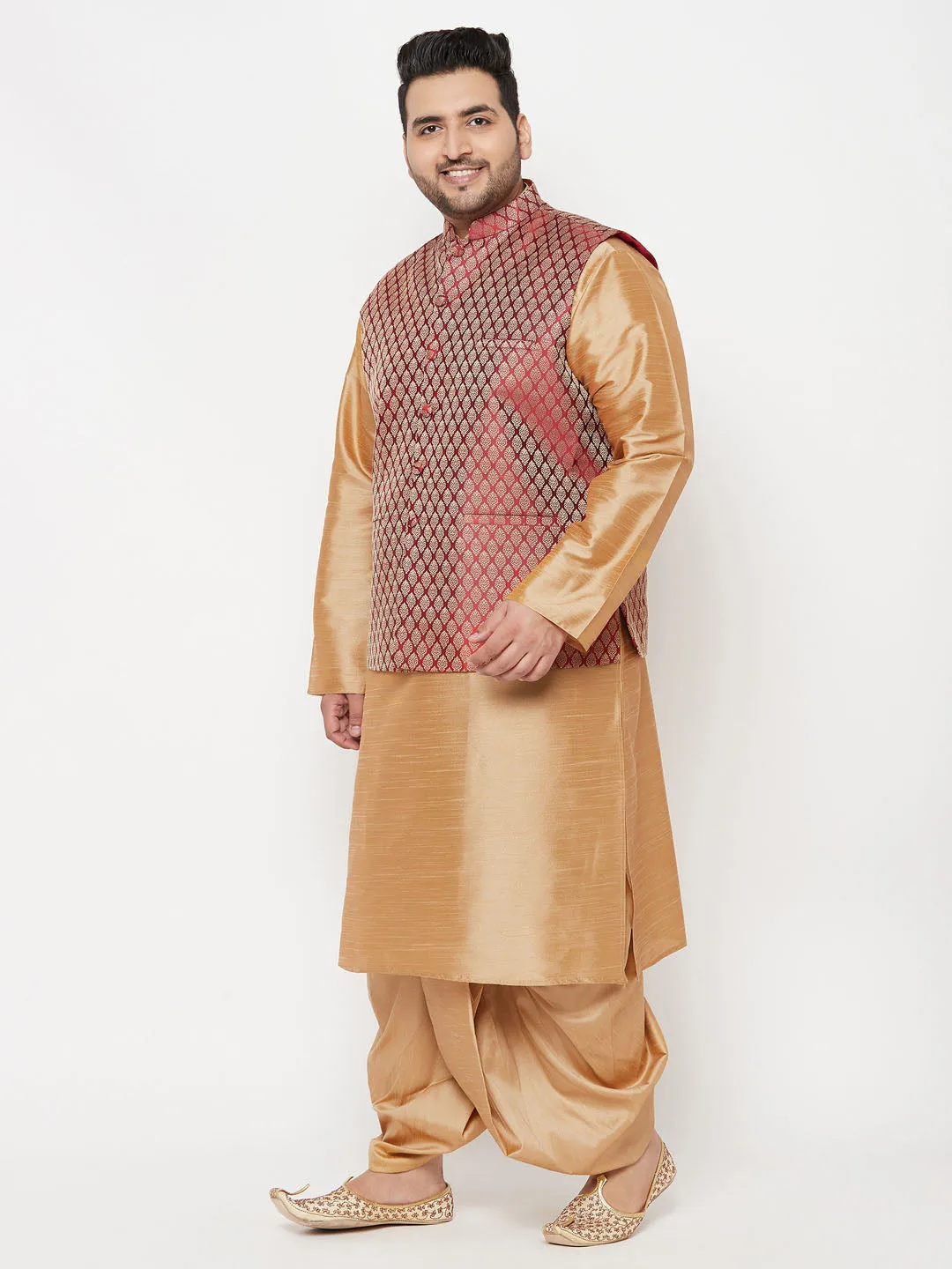 Jashvi PLUS Men's Maroon Nehru Jacket With Rose Gold Kurta And Dhoti Set