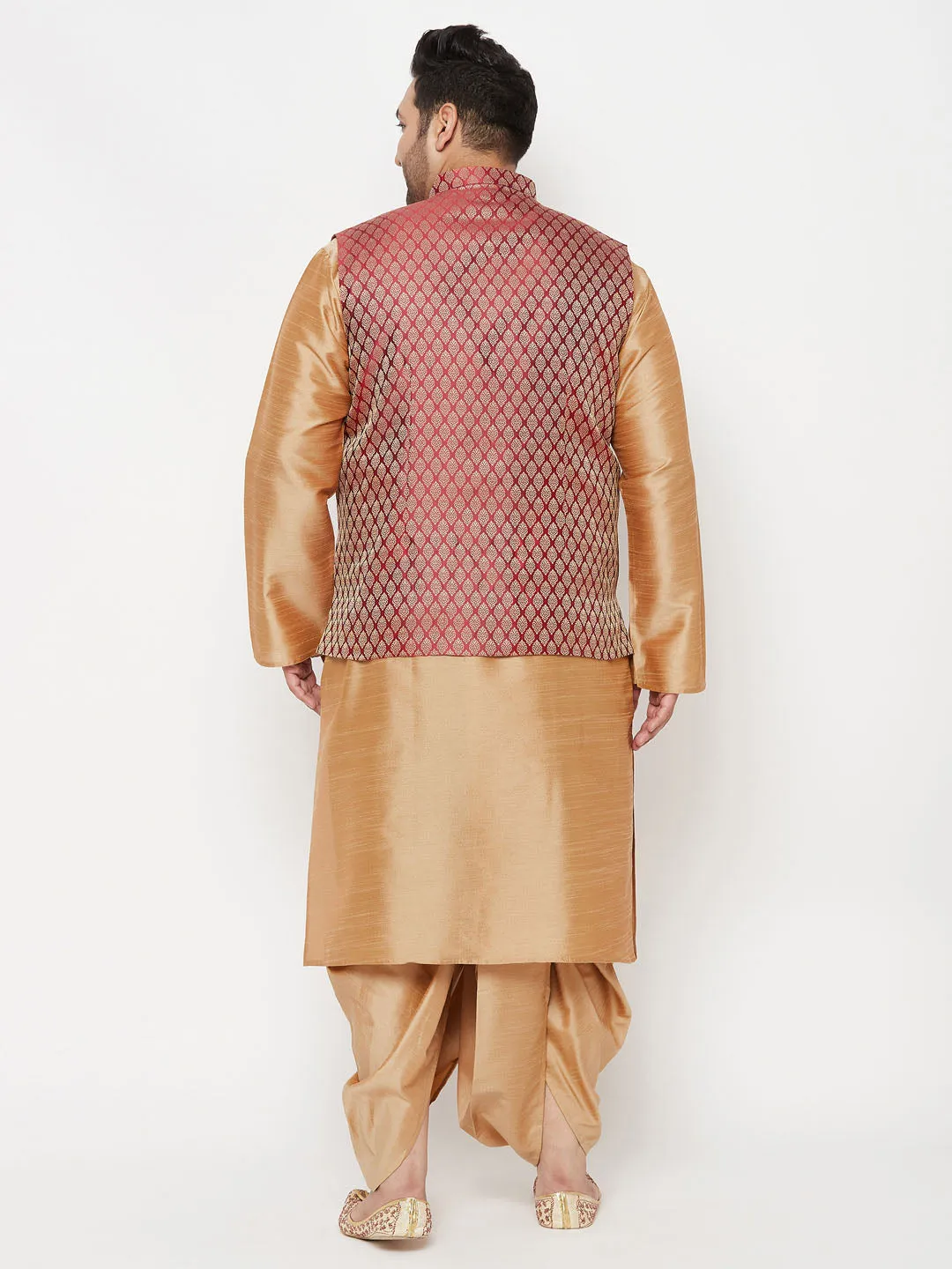 Jashvi PLUS Men's Maroon Nehru Jacket With Rose Gold Kurta And Dhoti Set