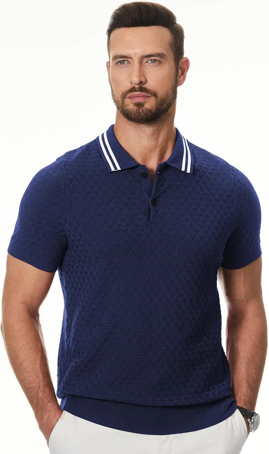 JMIERR Men's Knit Polo Shirts Casual Short Sleeve Button Lightweight Shirt
