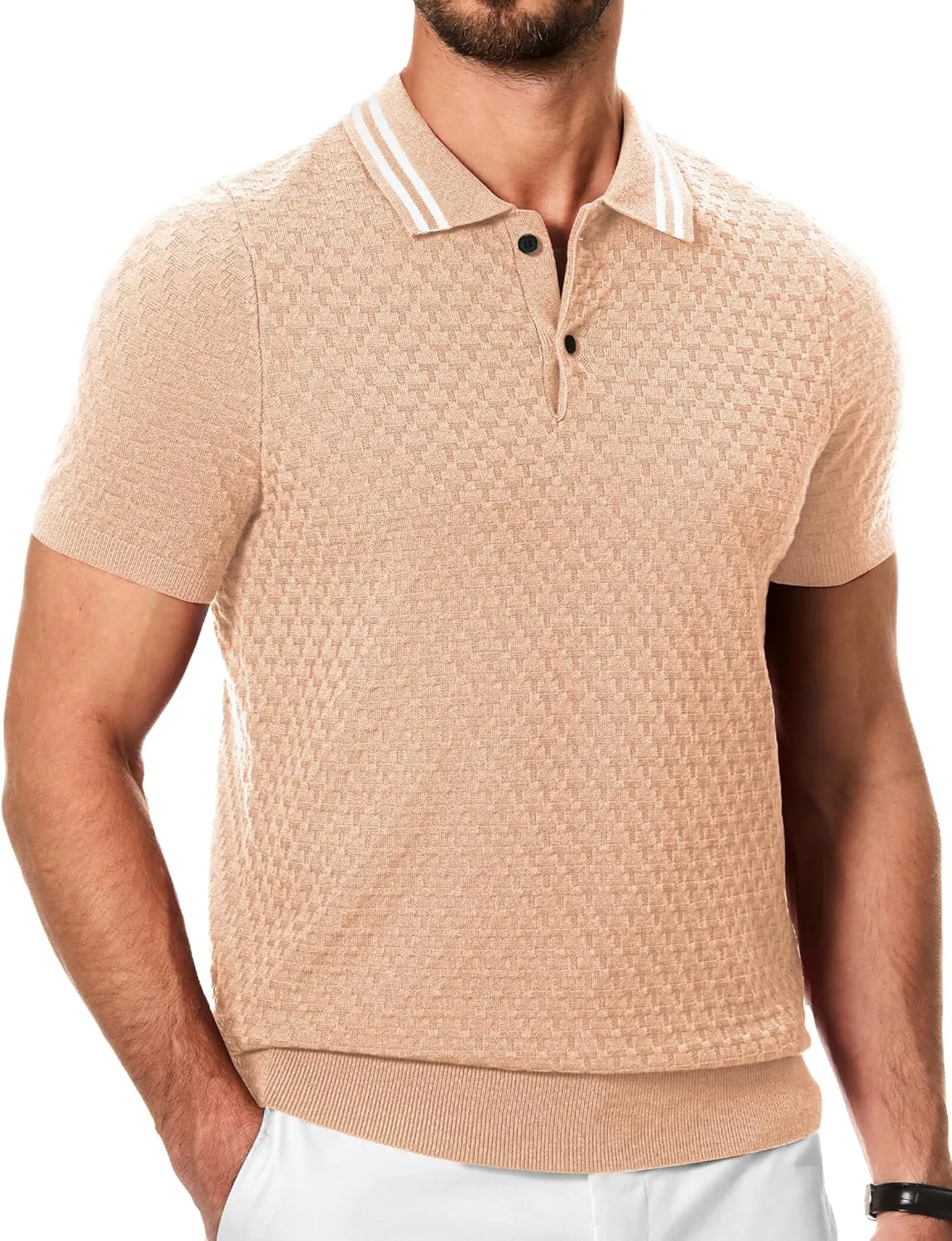 JMIERR Men's Knit Polo Shirts Casual Short Sleeve Button Lightweight Shirt