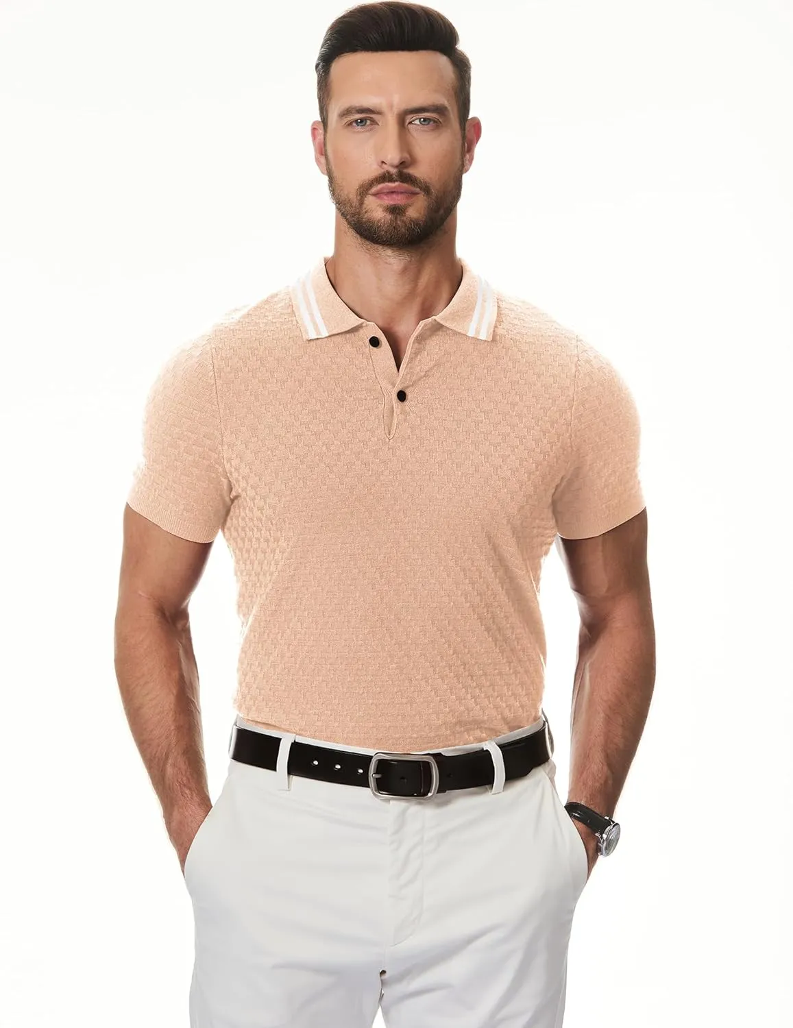 JMIERR Men's Knit Polo Shirts Casual Short Sleeve Button Lightweight Shirt