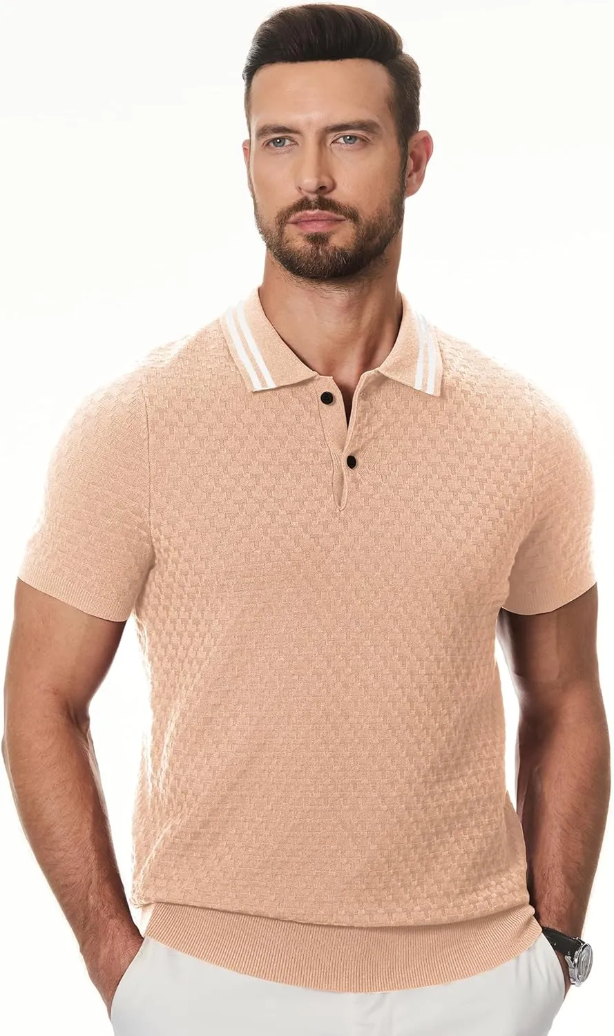 JMIERR Men's Knit Polo Shirts Casual Short Sleeve Button Lightweight Shirt