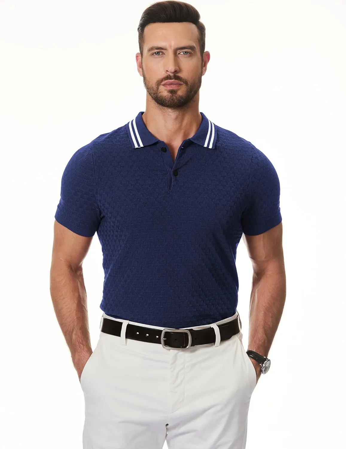 JMIERR Men's Knit Polo Shirts Casual Short Sleeve Button Lightweight Shirt
