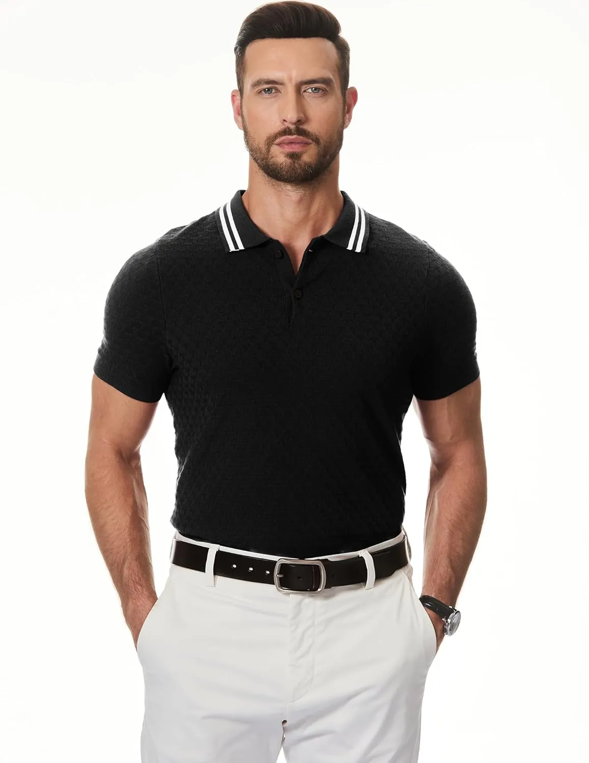 JMIERR Men's Knit Polo Shirts Casual Short Sleeve Button Lightweight Shirt