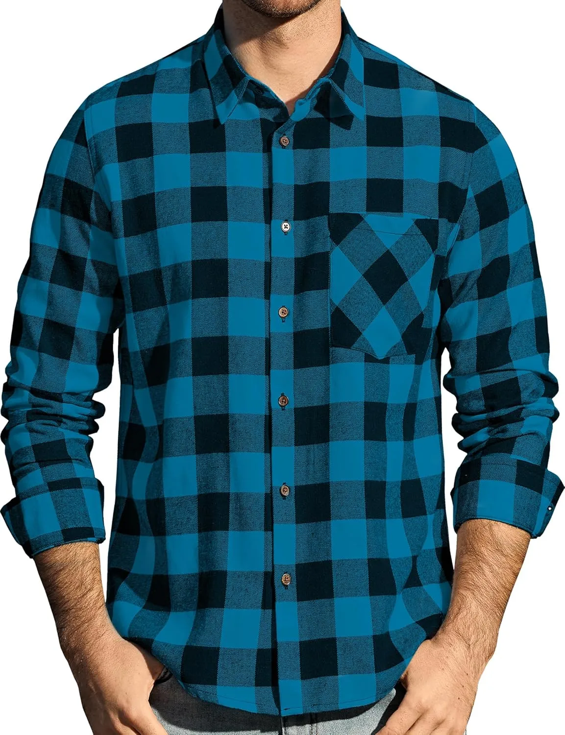 JOGAL Long Sleeve Shirts for Men Plaid Button Down Shirt Mens Casual Cotton Button Up Pocket Shirt