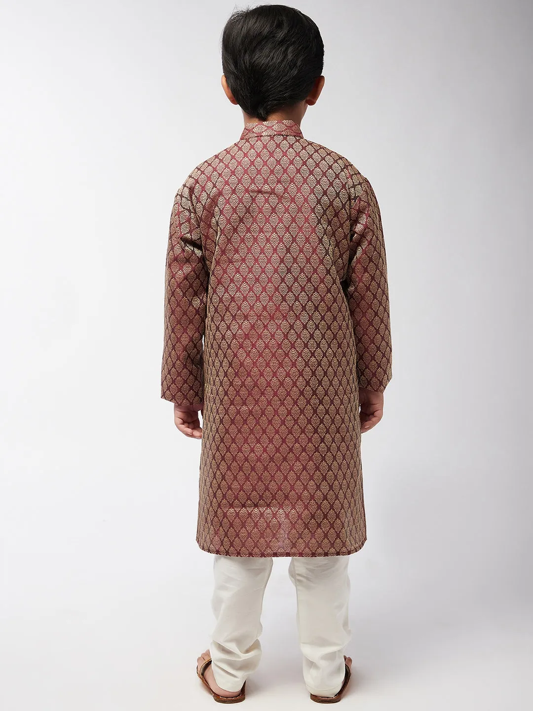 Kid's Jacquard Silk Maroon Self design Kurta & Off-White Churidar Pyjama Set - Sojanya KID