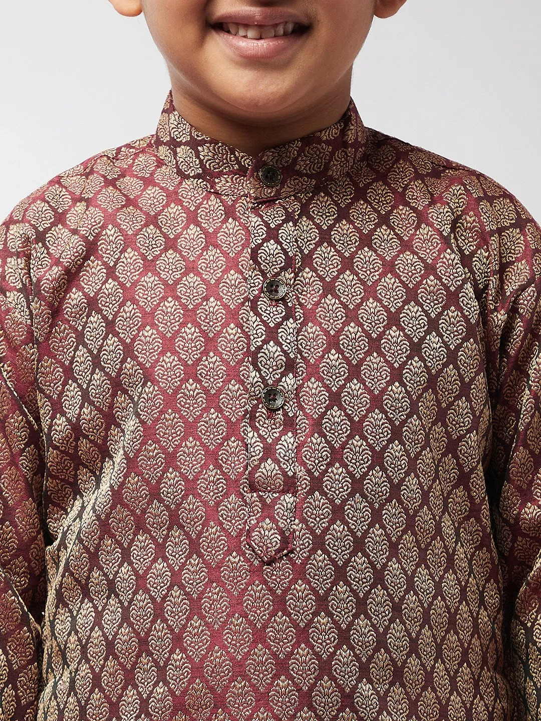 Kid's Jacquard Silk Maroon Self design Kurta & Off-White Churidar Pyjama Set - Sojanya KID