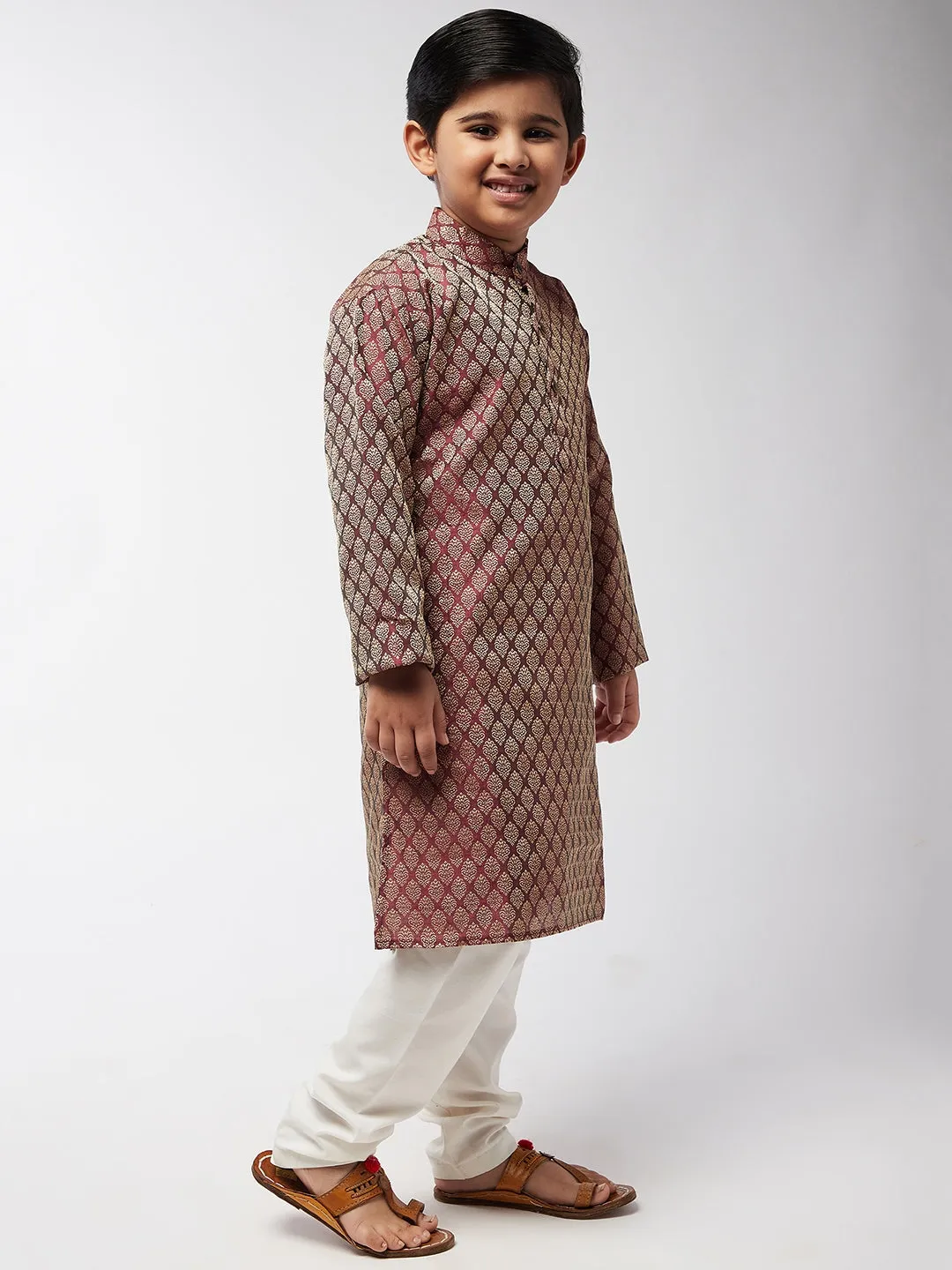 Kid's Jacquard Silk Maroon Self design Kurta & Off-White Churidar Pyjama Set - Sojanya KID