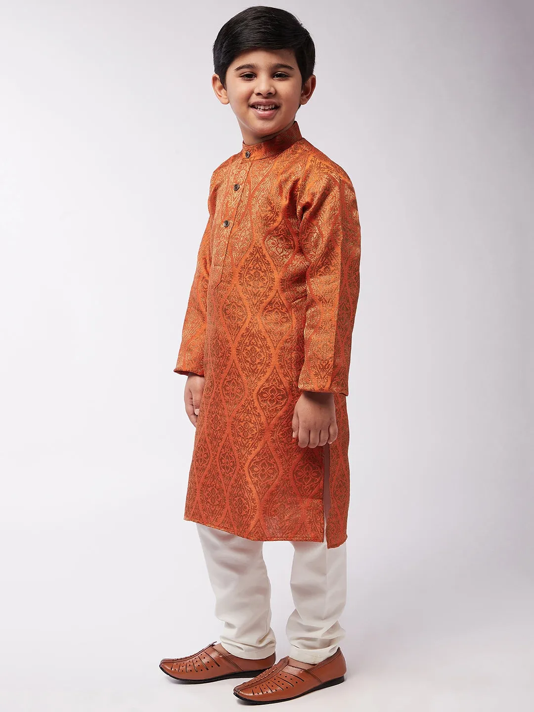 Kid's Jacquard Silk Orange & Gold Kurta & Off-White Churidar Pyjama Set - Sojanya KID