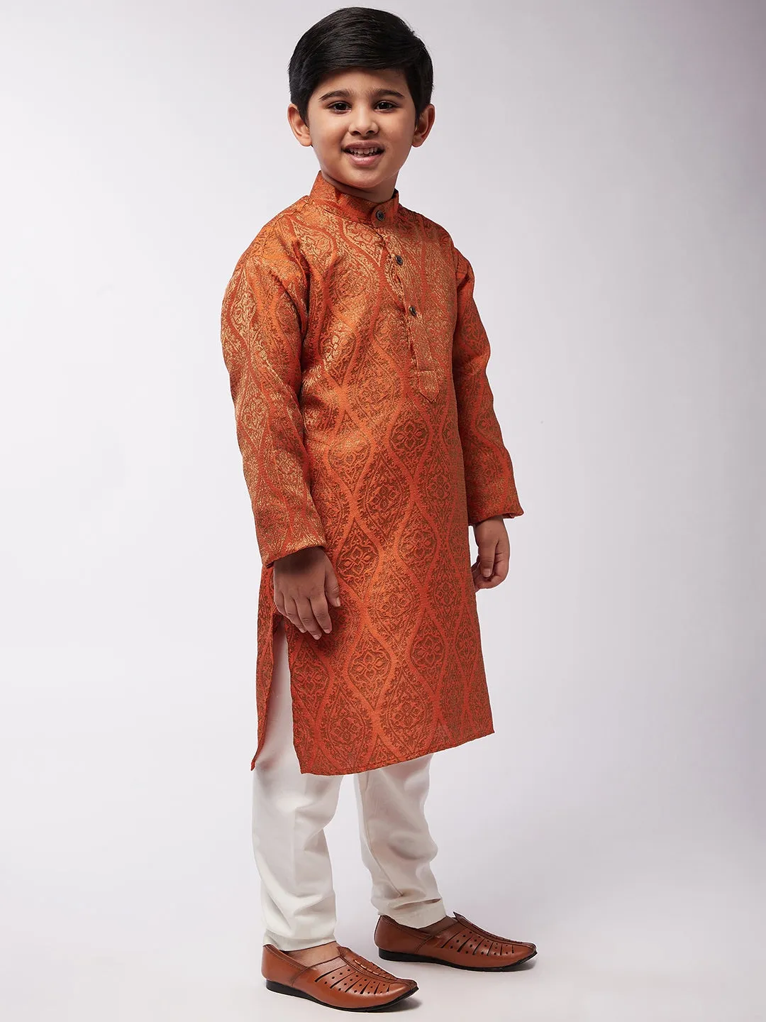 Kid's Jacquard Silk Orange & Gold Kurta & Off-White Churidar Pyjama Set - Sojanya KID