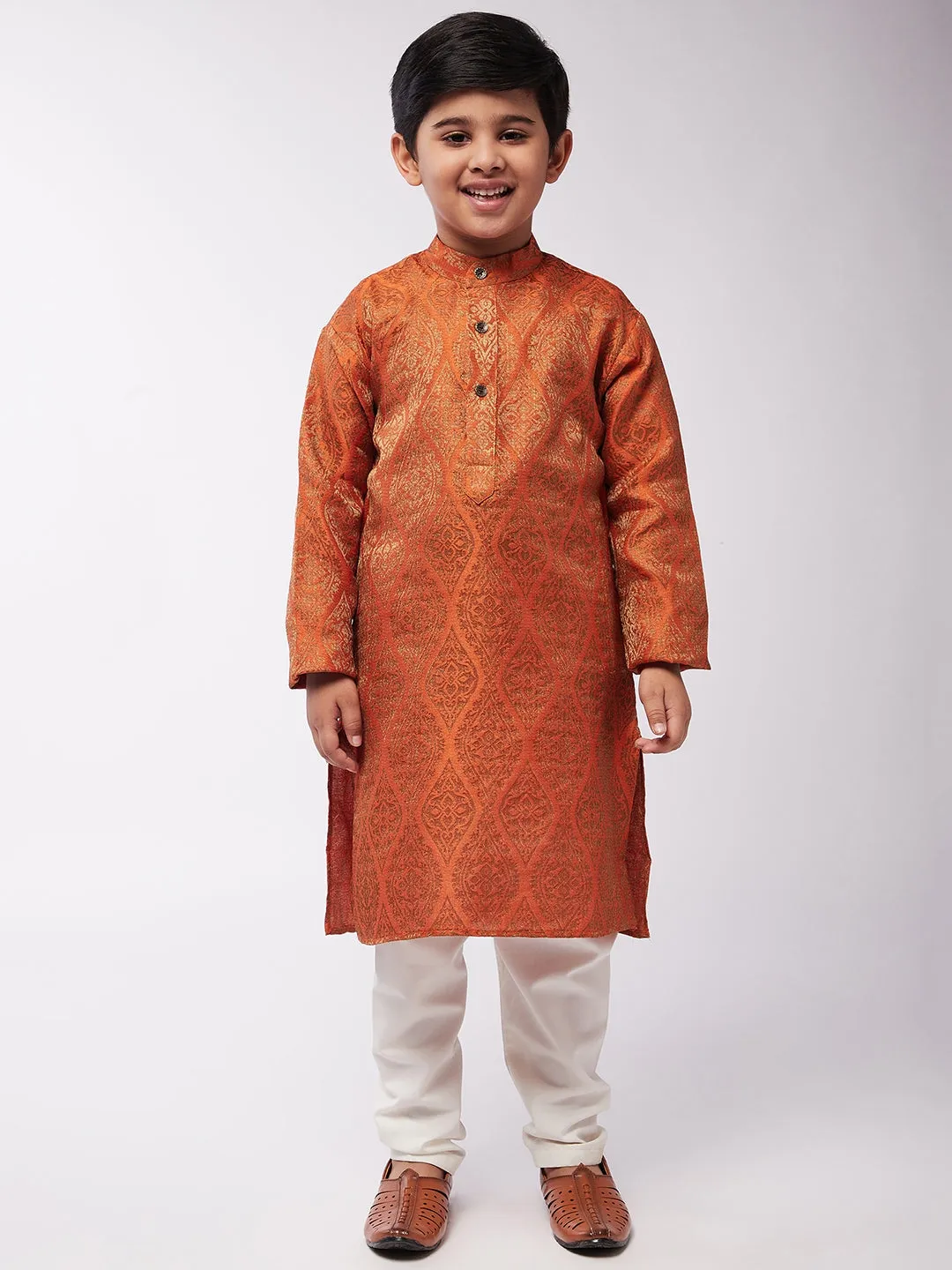 Kid's Jacquard Silk Orange & Gold Kurta & Off-White Churidar Pyjama Set - Sojanya KID