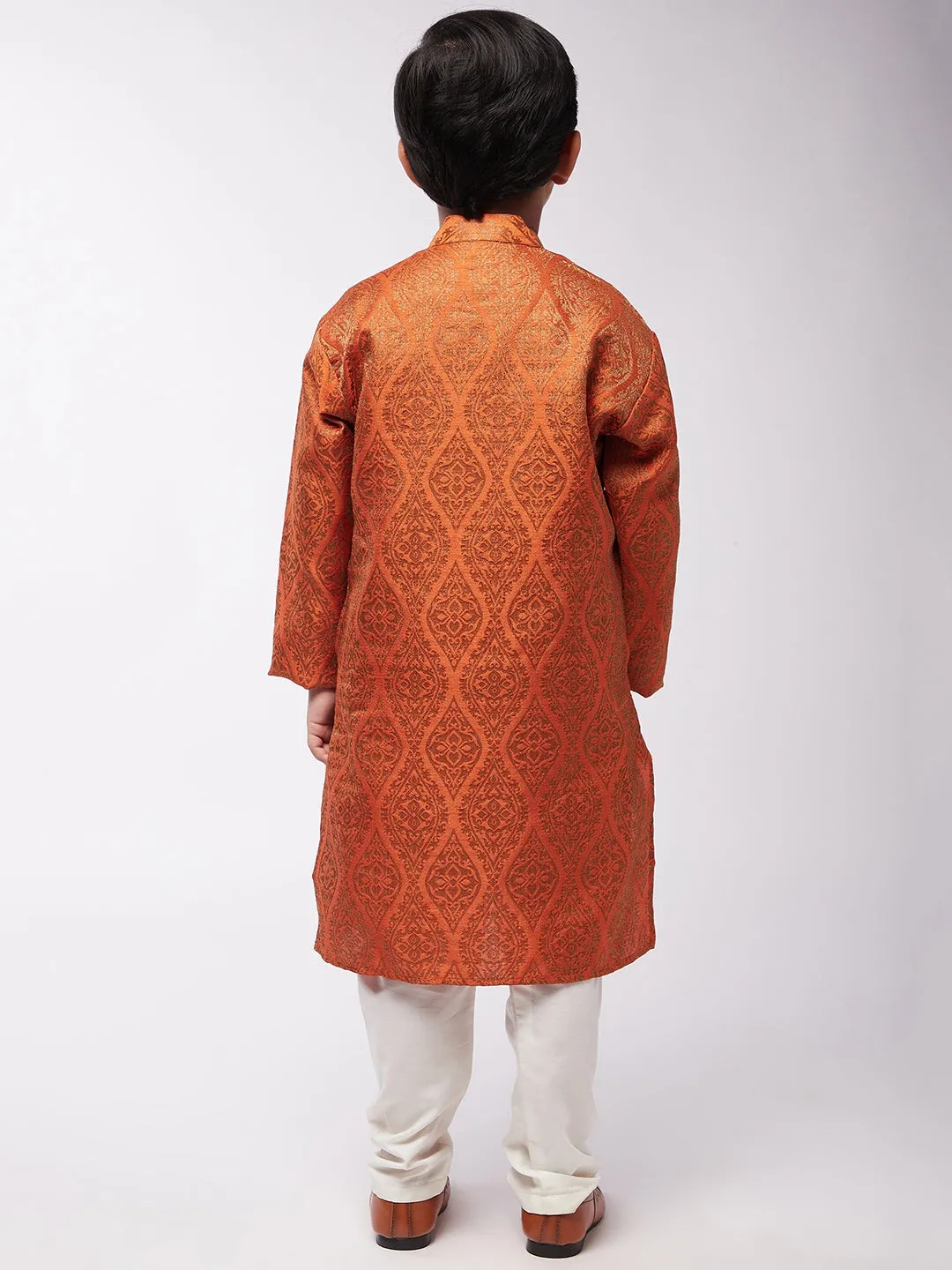 Kid's Jacquard Silk Orange & Gold Kurta & Off-White Churidar Pyjama Set - Sojanya KID