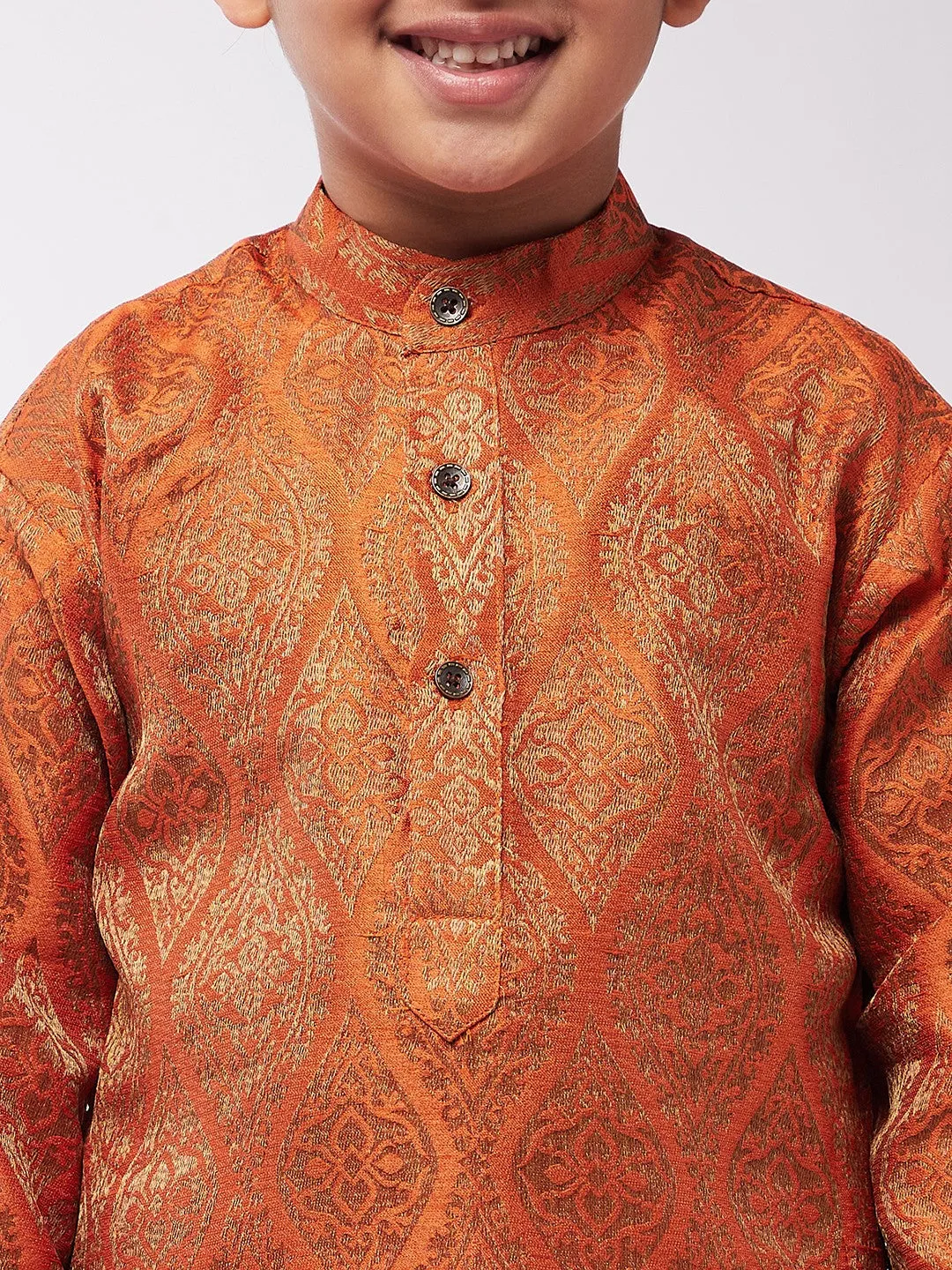 Kid's Jacquard Silk Orange & Gold Kurta & Off-White Churidar Pyjama Set - Sojanya KID