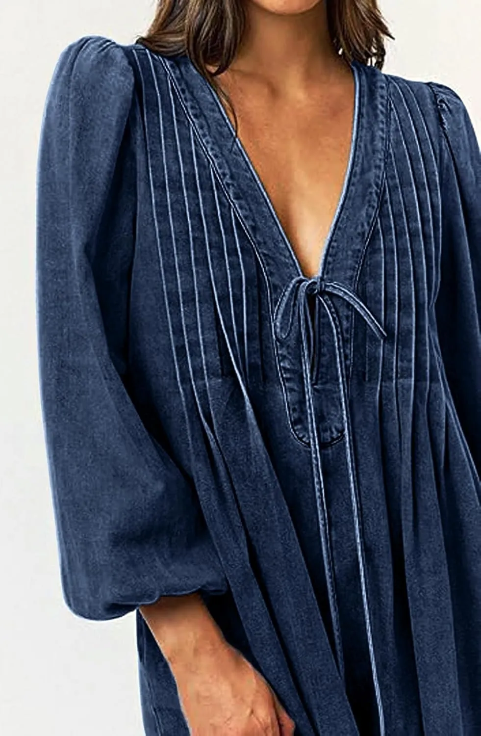 loveimgs Women Denim Jean Romper Overall Shorts Tie Front Pleated Romper Dress Deep V Neck Puff Sleeve Jumpsuit