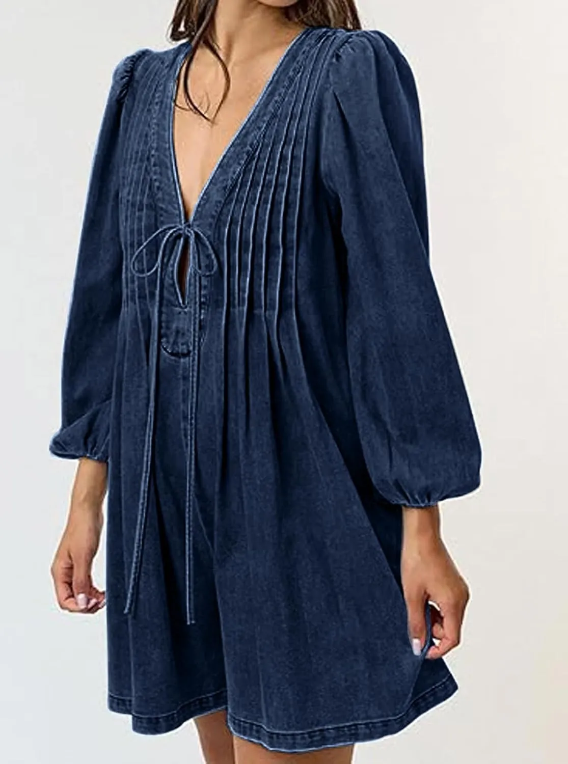 loveimgs Women Denim Jean Romper Overall Shorts Tie Front Pleated Romper Dress Deep V Neck Puff Sleeve Jumpsuit