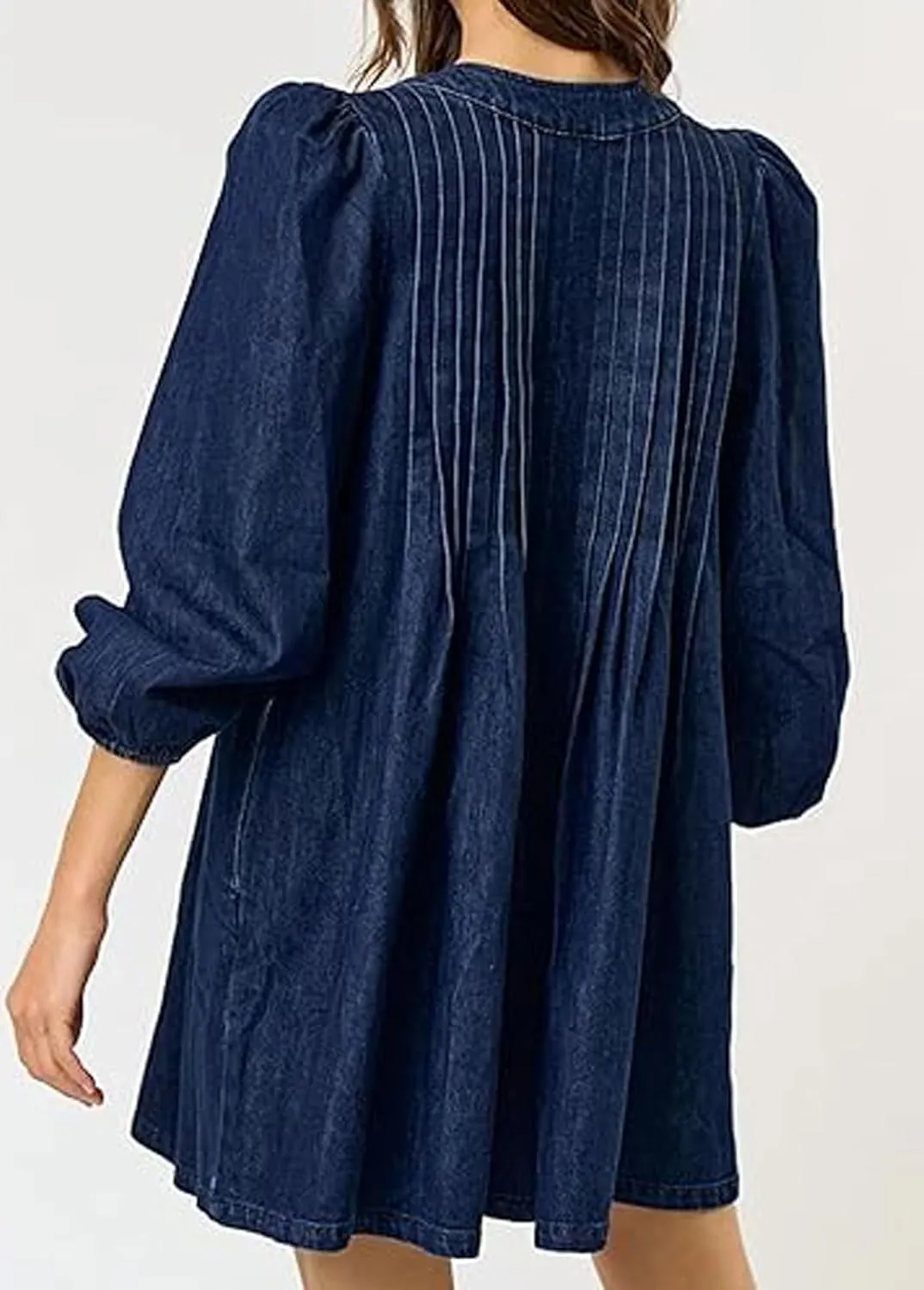loveimgs Women Denim Jean Romper Overall Shorts Tie Front Pleated Romper Dress Deep V Neck Puff Sleeve Jumpsuit