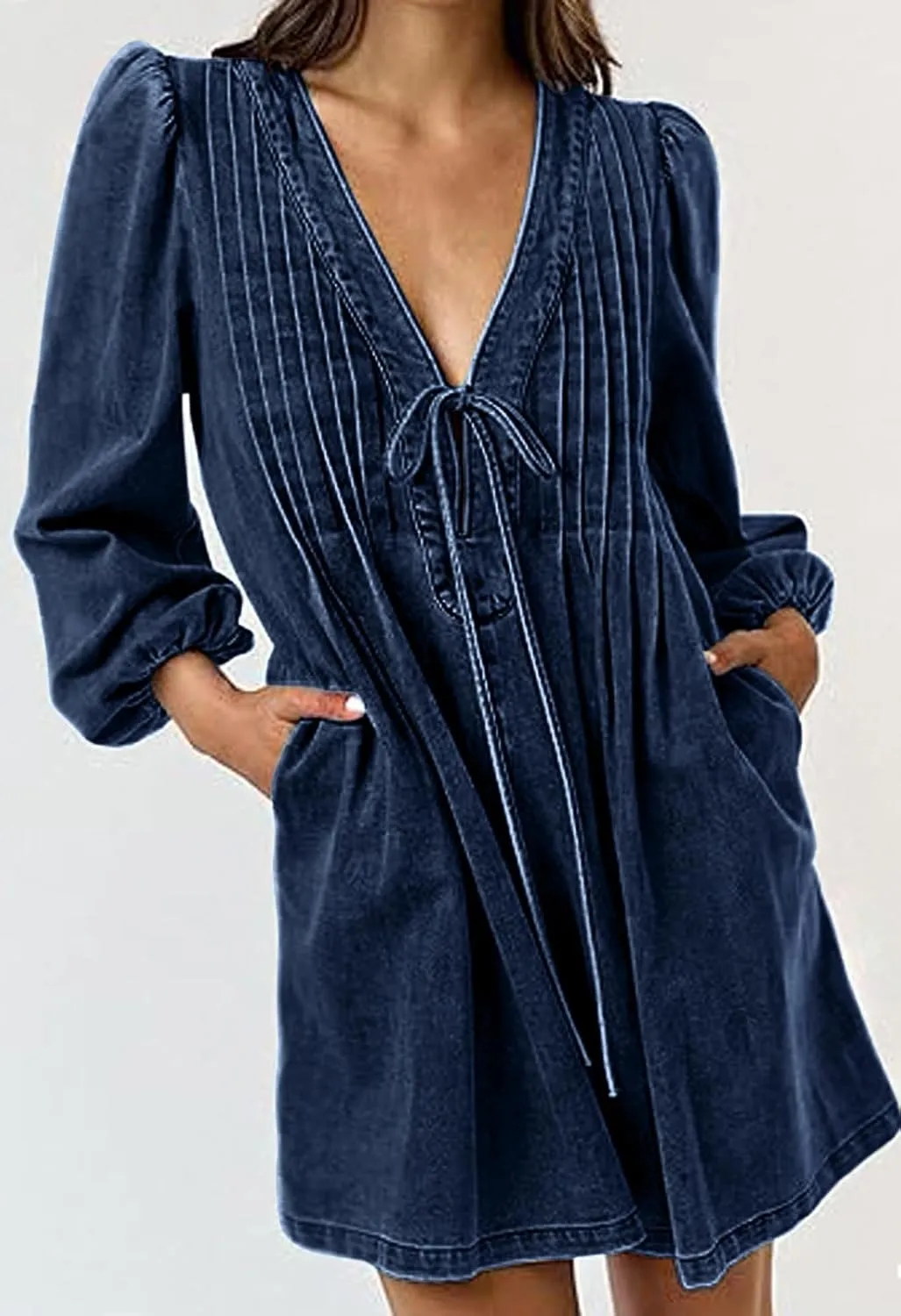 loveimgs Women Denim Jean Romper Overall Shorts Tie Front Pleated Romper Dress Deep V Neck Puff Sleeve Jumpsuit