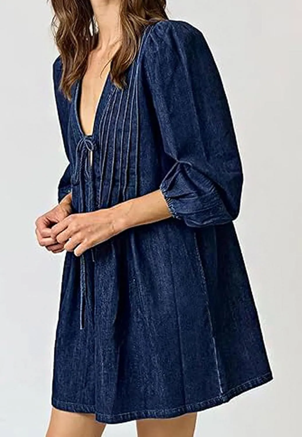 loveimgs Women Denim Jean Romper Overall Shorts Tie Front Pleated Romper Dress Deep V Neck Puff Sleeve Jumpsuit