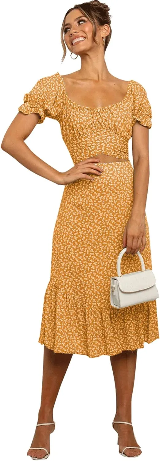 LYANER Women's 2 Piece Outfits Floral Self Tie Knot Crop Top and Midi Skirt Set