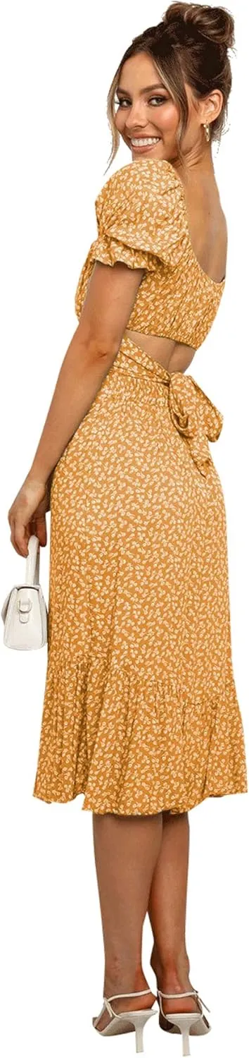 LYANER Women's 2 Piece Outfits Floral Self Tie Knot Crop Top and Midi Skirt Set