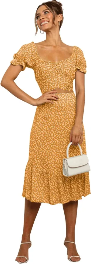 LYANER Women's 2 Piece Outfits Floral Self Tie Knot Crop Top and Midi Skirt Set