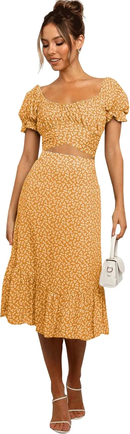 LYANER Women's 2 Piece Outfits Floral Self Tie Knot Crop Top and Midi Skirt Set