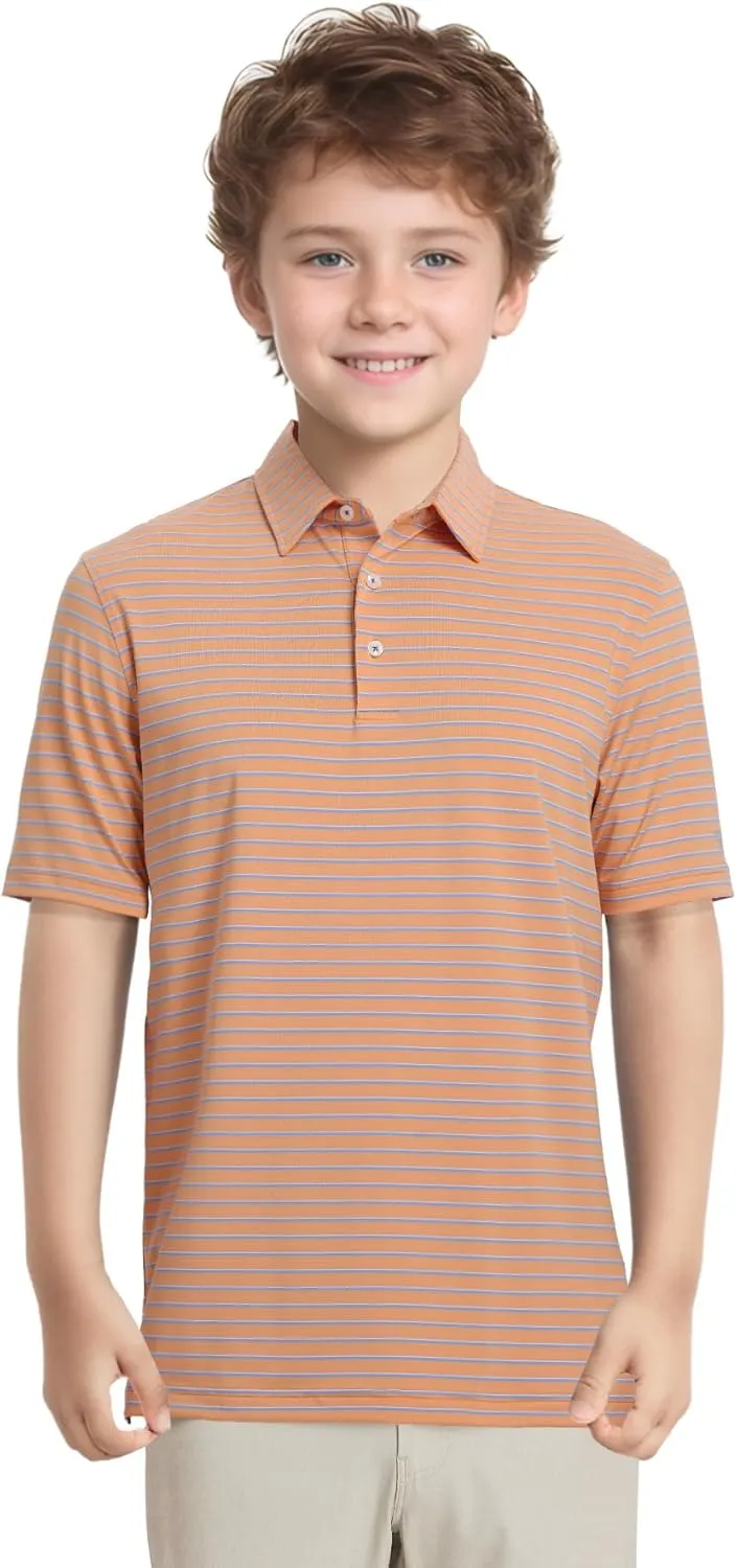 M MAELREG Boys' Polo Shirt Striped Short Sleeve Moisture Wicking Performance Stretch Active Casual Collared Kids Golf Shirt