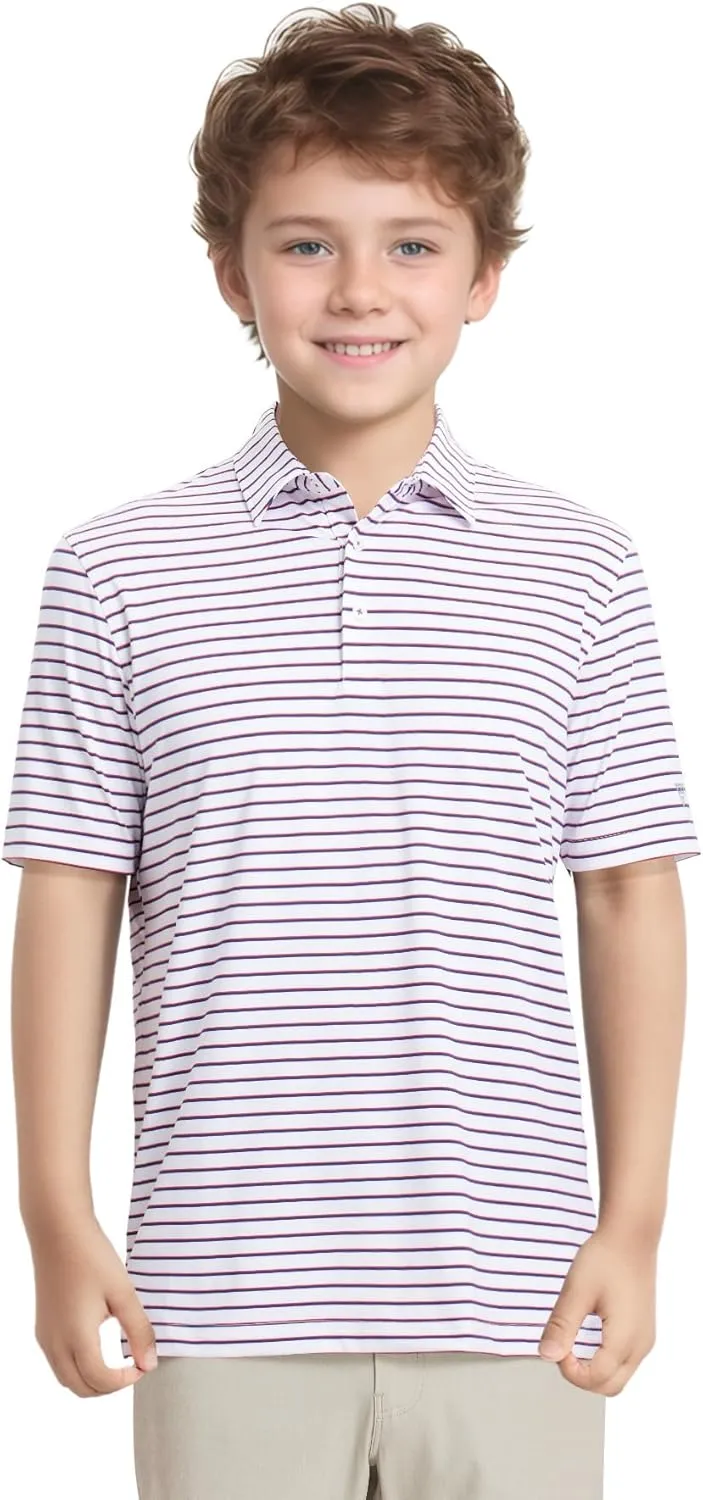 M MAELREG Boys' Polo Shirt Striped Short Sleeve Moisture Wicking Performance Stretch Active Casual Collared Kids Golf Shirt