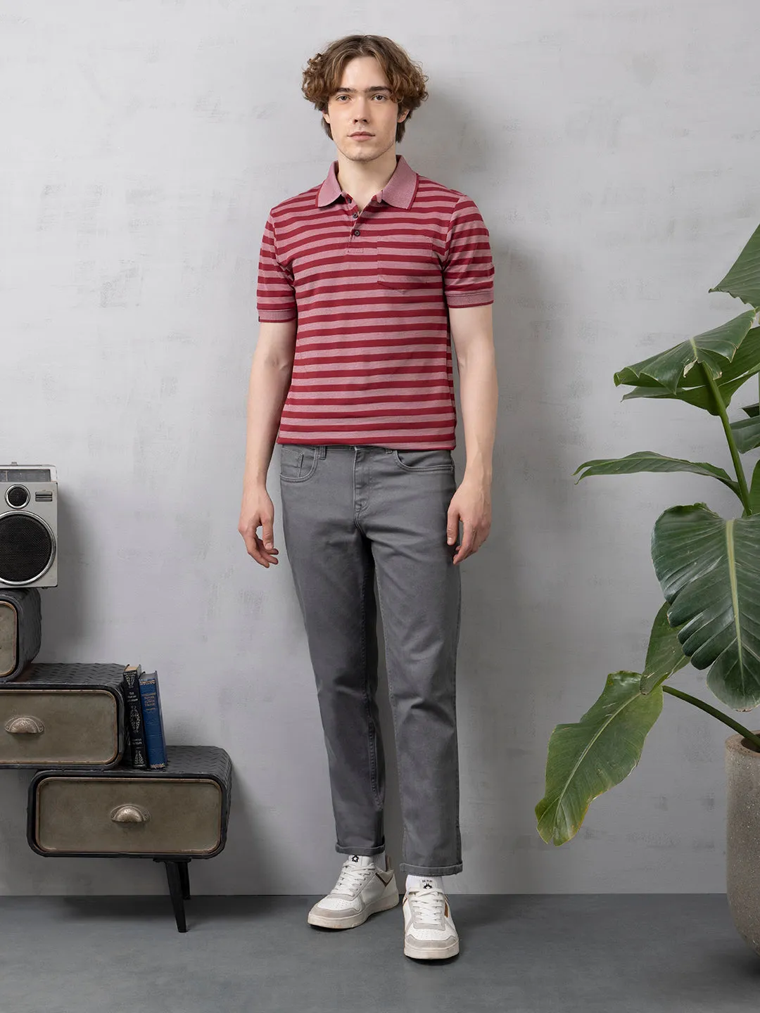 Maroon Striped Polo T-Shirt