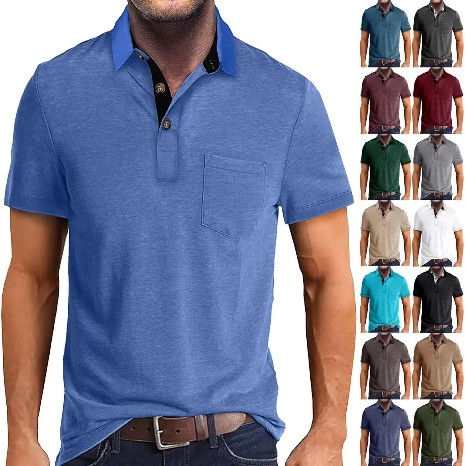 Men's Casual Polo Shirts Classic Cotton Short/Long Sleeve Button Tshirts Regular Fit Vintage Solid Basic Golf Shirts